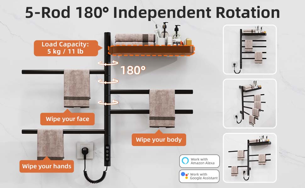 SIOYIE Smart Rotating Heated Towel Rack For Bathroom, Wall-Mounted Electric Towel Dryer With Swivel Bars & Shelf, Smart Timer, Low Carbon Steel, Plug-in/Hardwired, Towel Warmer With Wi-Fi App Control_voghion.com